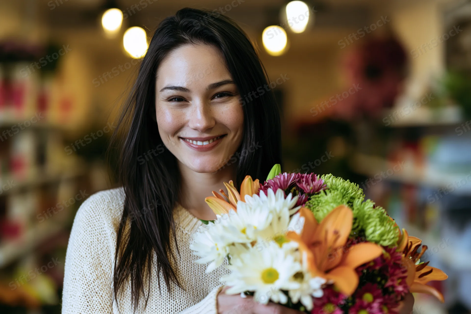 Woman smiling while holding a colorful bouquet of flowers in a flower shop
