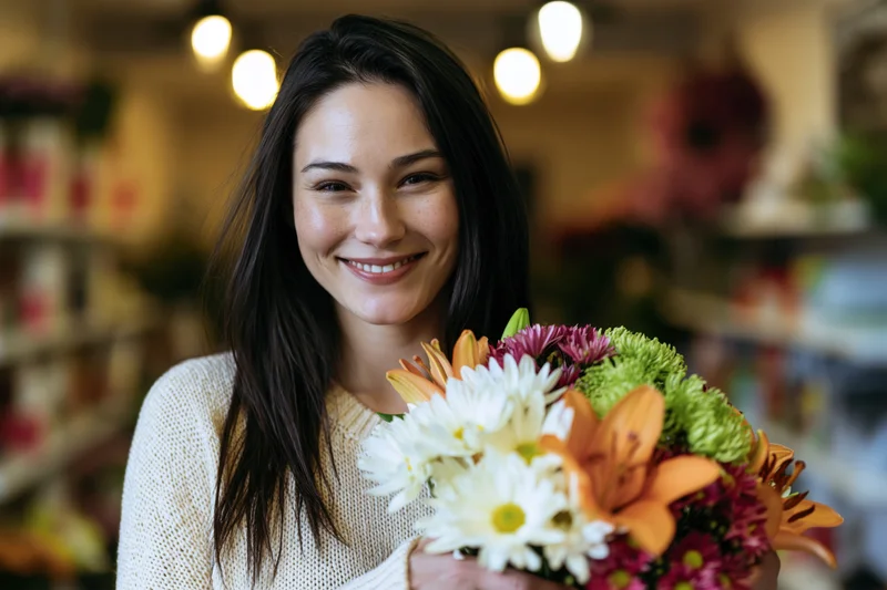 Woman smiling while holding a colorful bouquet of flowers in a flower shop