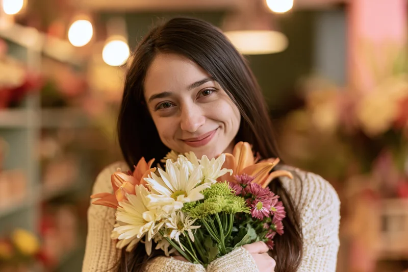 Young woman smiling while holding a colorful bouquet of flowers in a flower shop interior