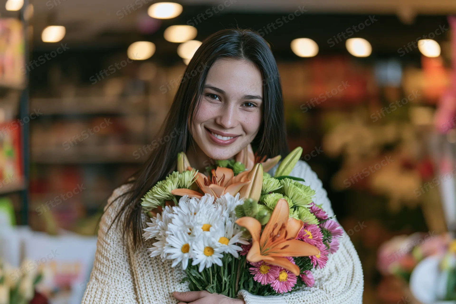 Young woman smiling while holding a colorful bouquet of flowers in a flower shop