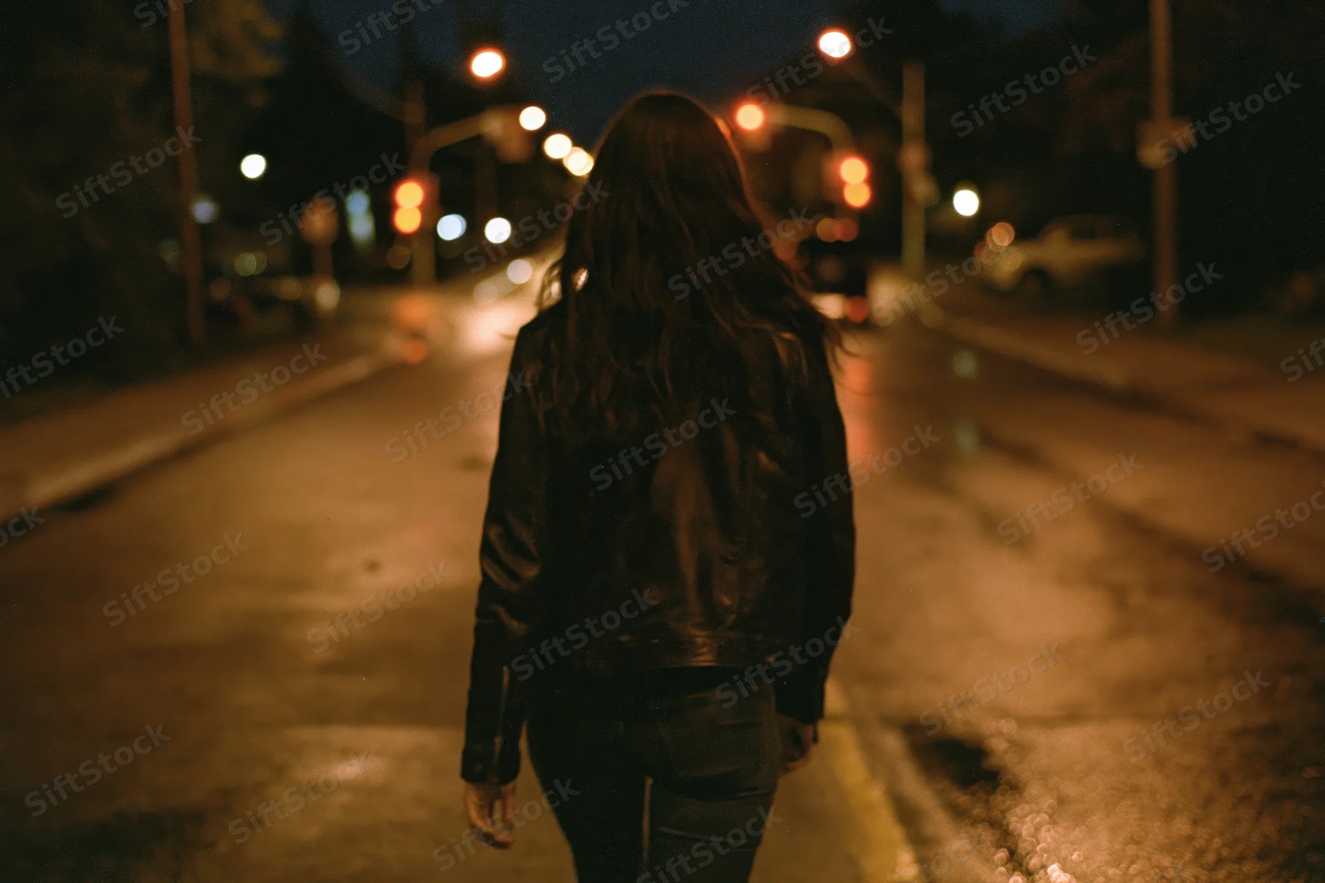Woman walking away on wet city street at night, backview in leather jacket
