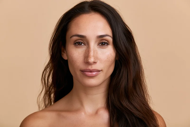 Woman with long dark wavy hair facing camera directly in studio portrait