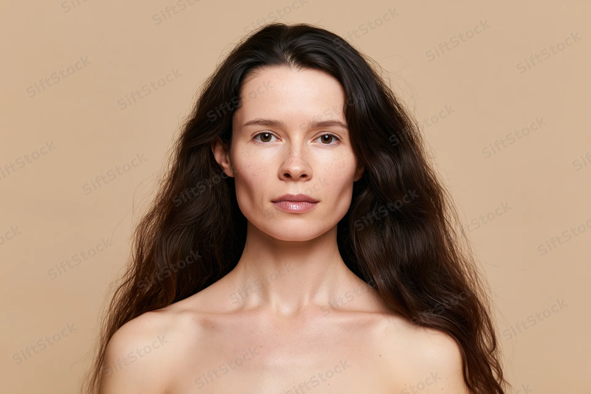 Young woman with long dark wavy hair facing camera directly in studio portrait