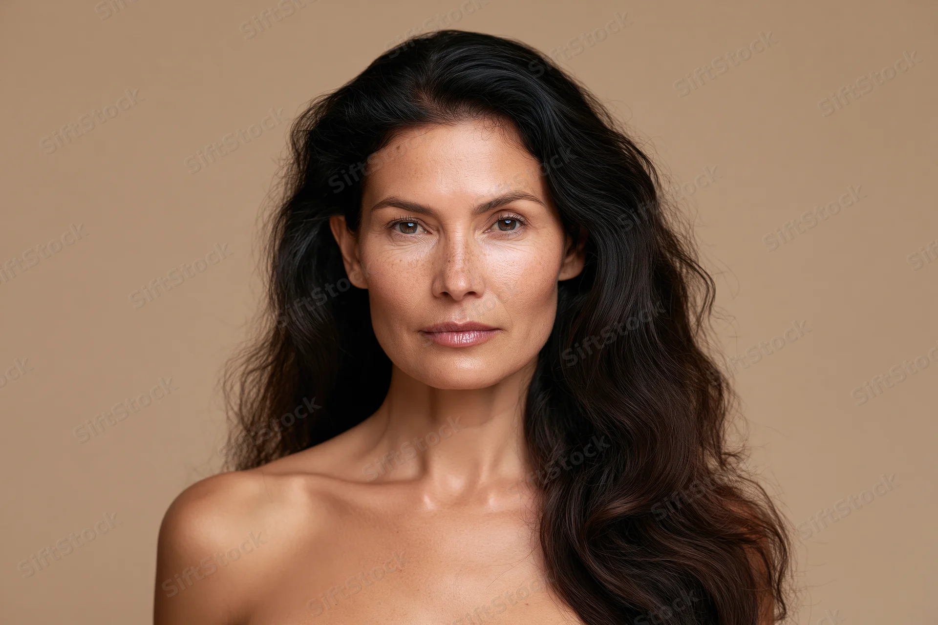 Woman with long dark wavy hair facing camera directly in studio portrait