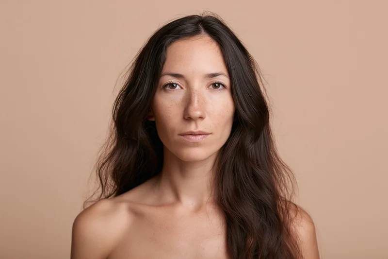 Young woman with long dark wavy hair facing camera directly in studio portrait