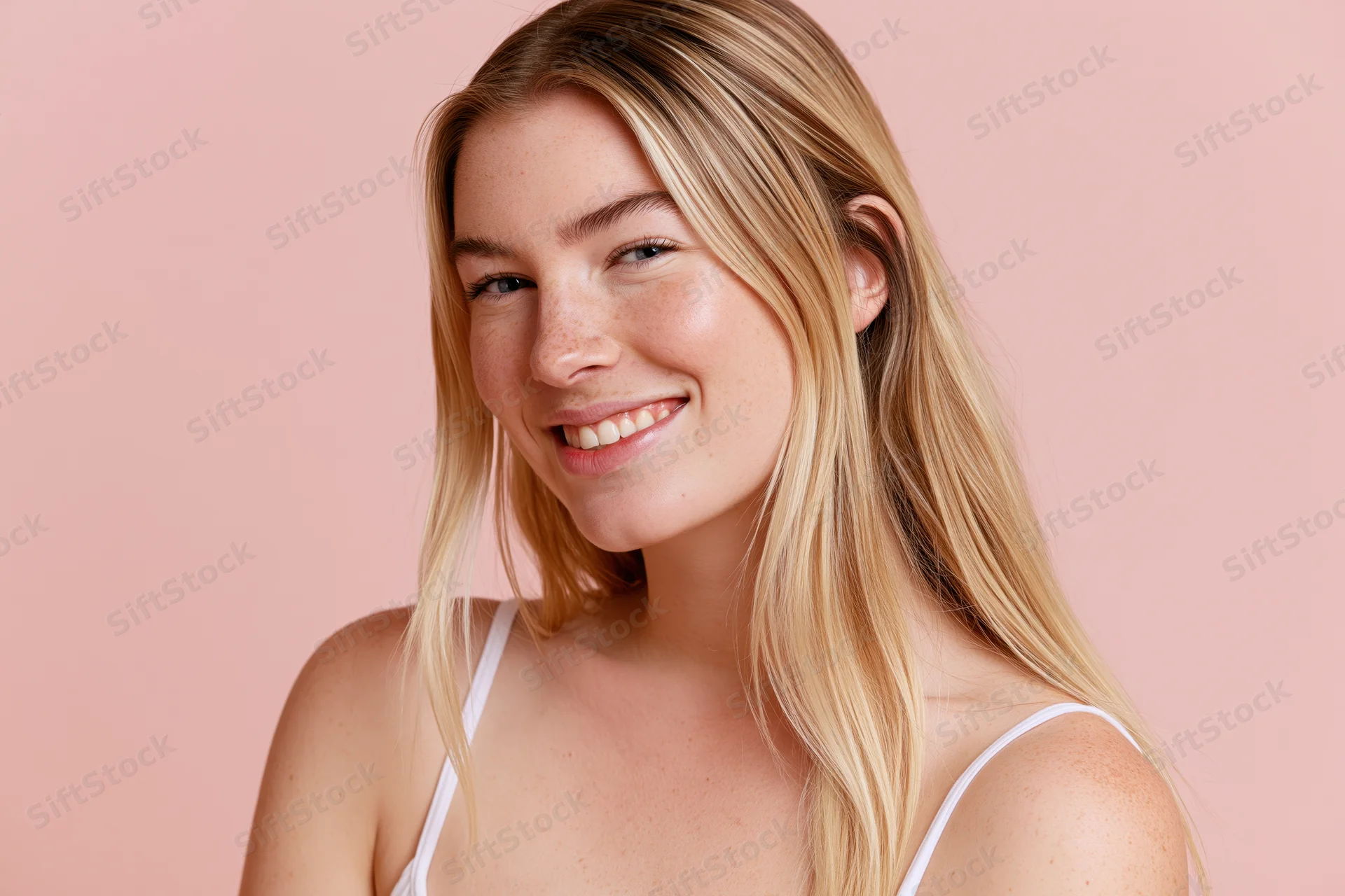 Young woman with long straight blonde hair tilting her head and smiling in studio portrait