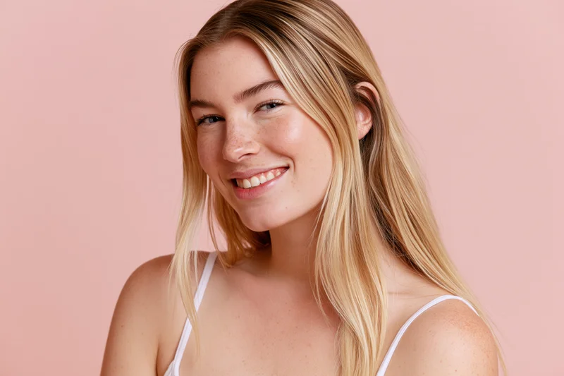 Young woman with long straight blonde hair tilting her head and smiling in studio portrait