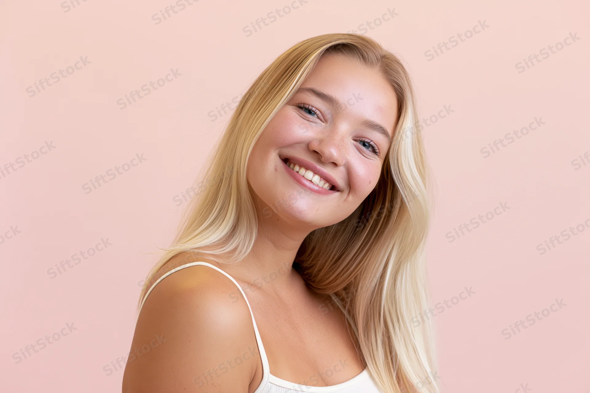 Young woman with long straight blonde hair tilting her head and smiling in studio portrait