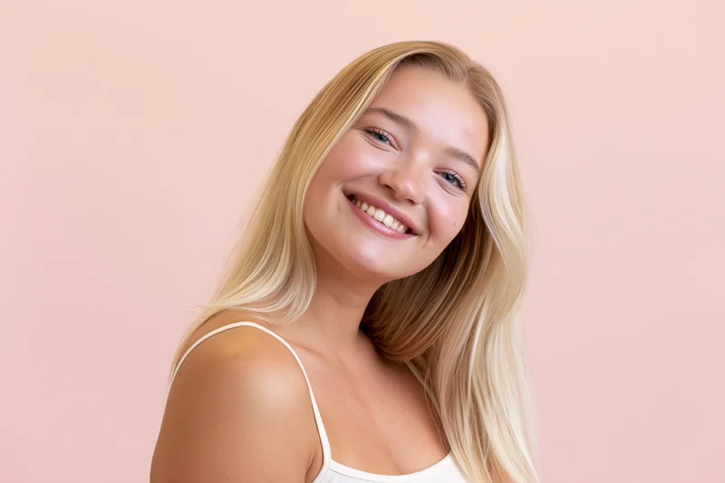 Young woman with long straight blonde hair tilting her head and smiling in studio portrait