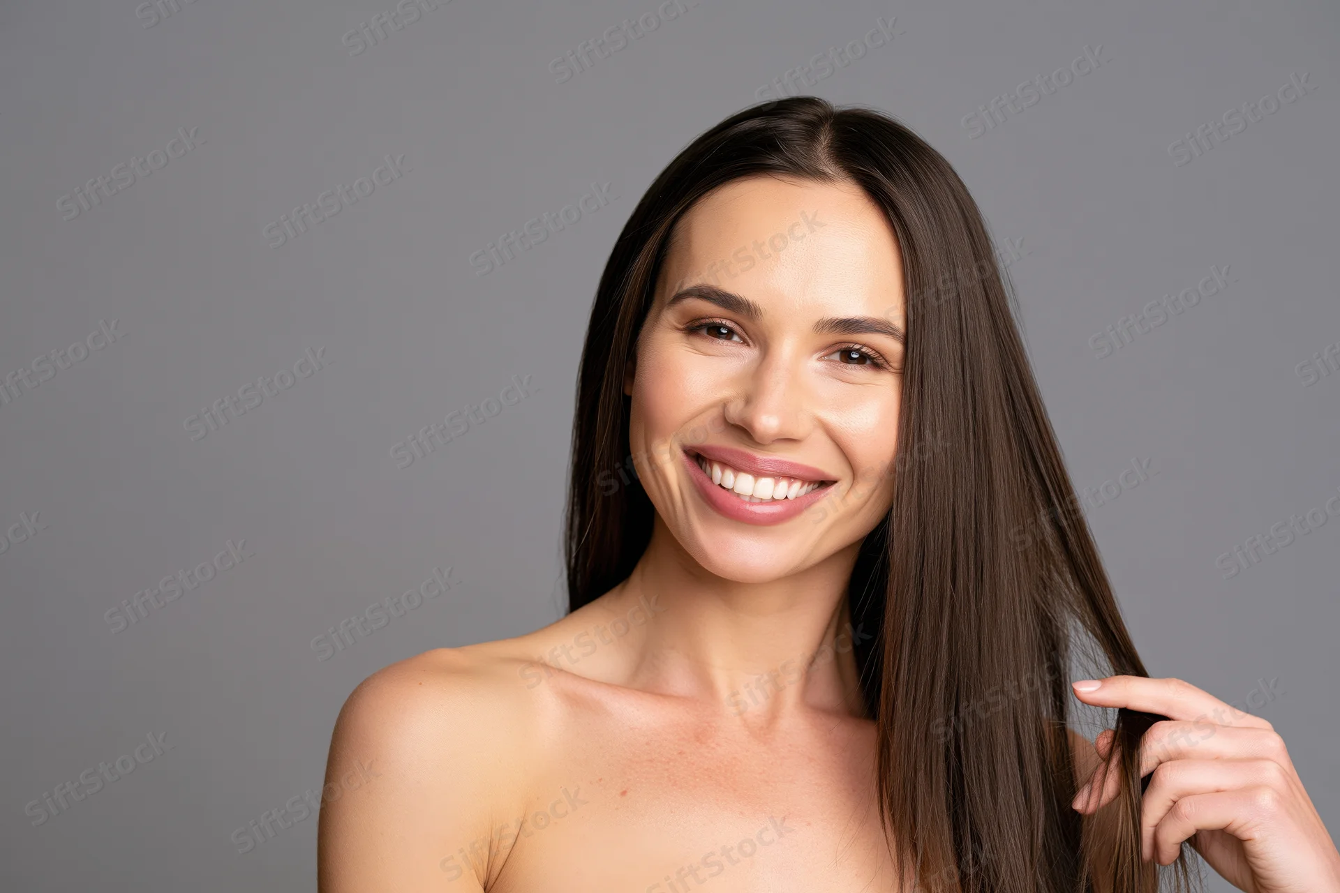 Smiling woman with long straight dark brown hair touching strand in studio portrait