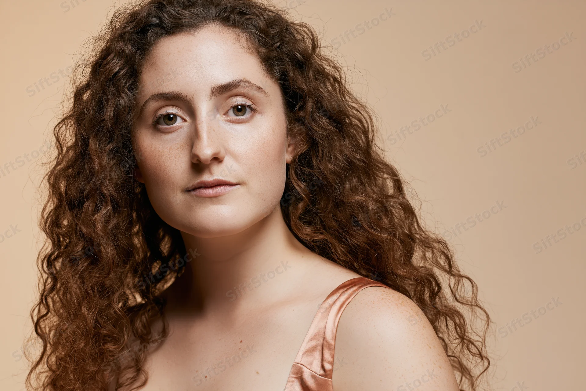 Young woman with long curly brown hair looking directly at camera in studio portrait