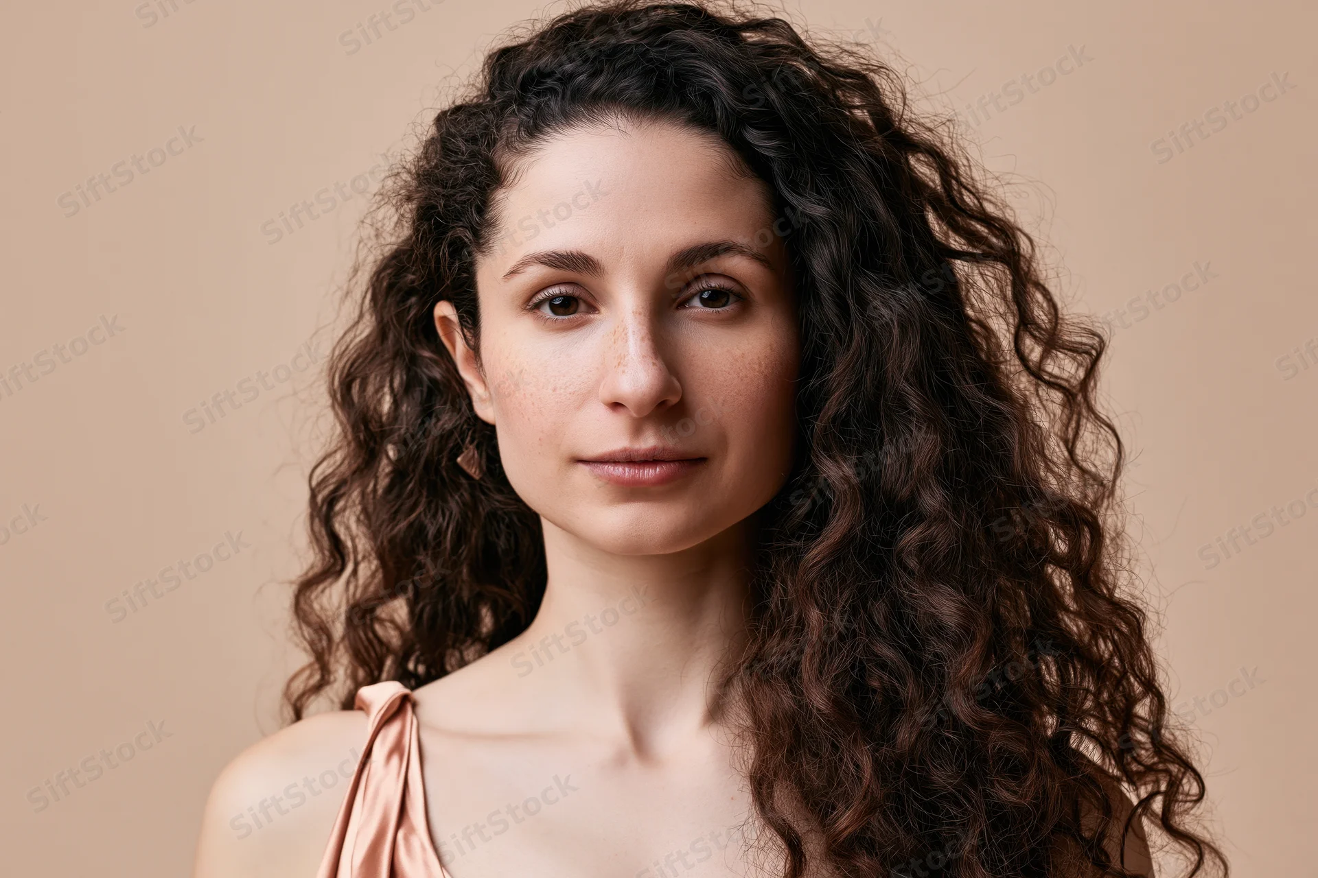 Young woman with long voluminous curly brown hair looking directly at camera in studio portrait
