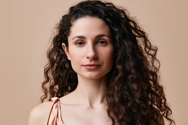 Young woman with long voluminous curly brown hair looking directly at camera in studio portrait