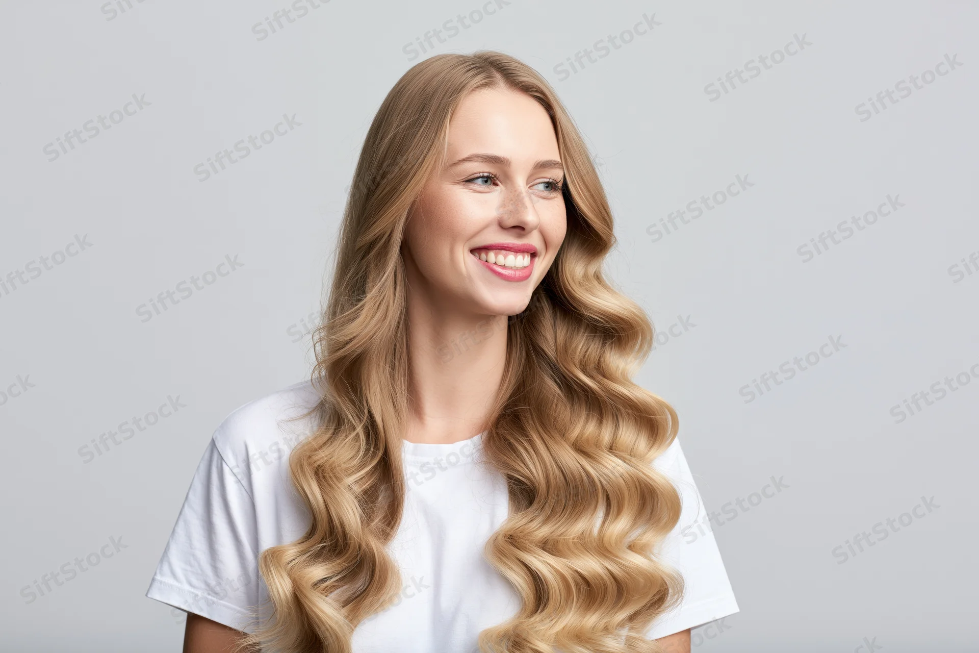 Young woman with long wavy blonde hair smiling and looking off-camera in studio portrait