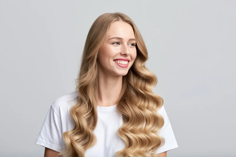 Young woman with long wavy blonde hair smiling and looking off-camera in studio portrait