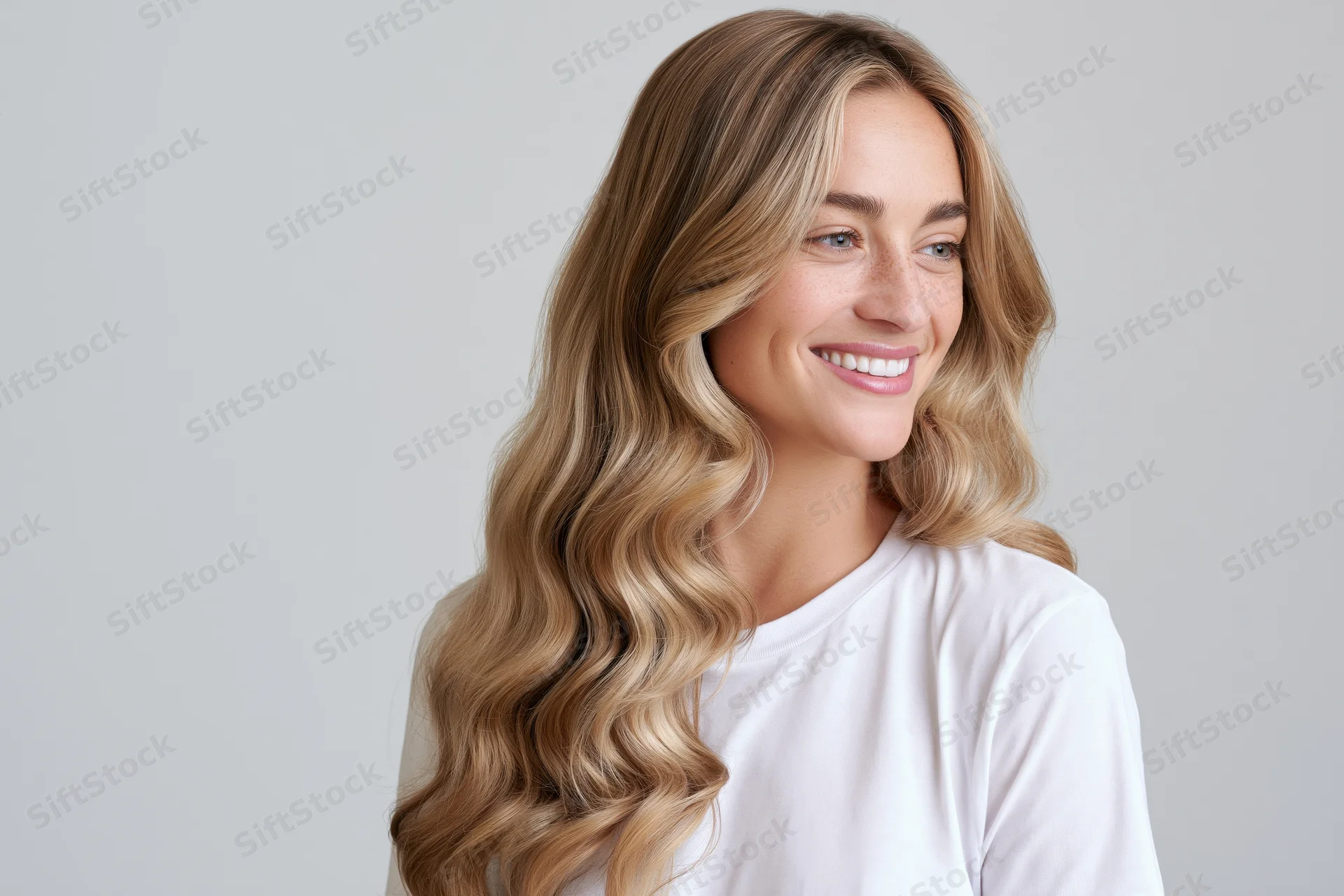 Young woman with long wavy blonde hair smiling in studio portrait