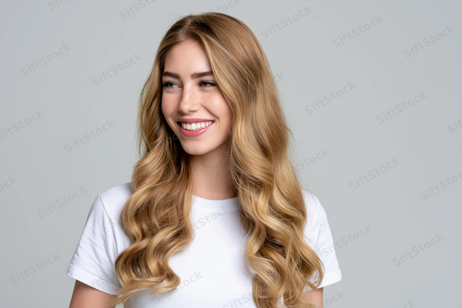 Young woman with long wavy blonde hair smiling and looking off-camera in studio portrait