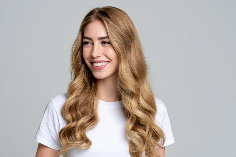 Young woman with long wavy blonde hair smiling and looking off-camera in studio portrait