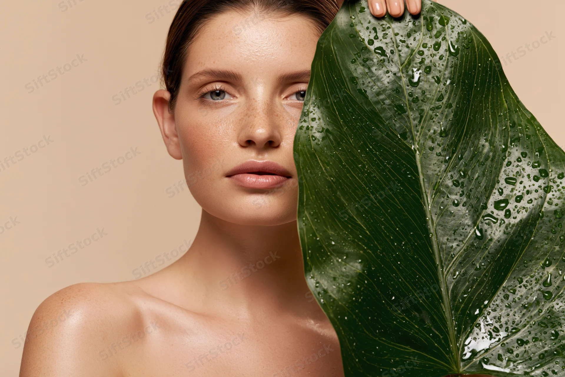 Woman holding large green leaf near her face, bare shoulders visible, smooth skin glowing against neutral background