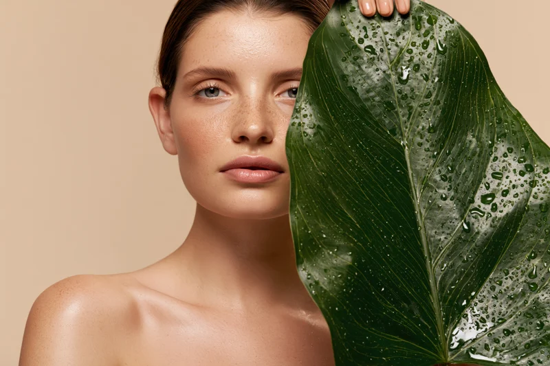 Woman holding large green leaf near her face, bare shoulders visible, smooth skin glowing against neutral background