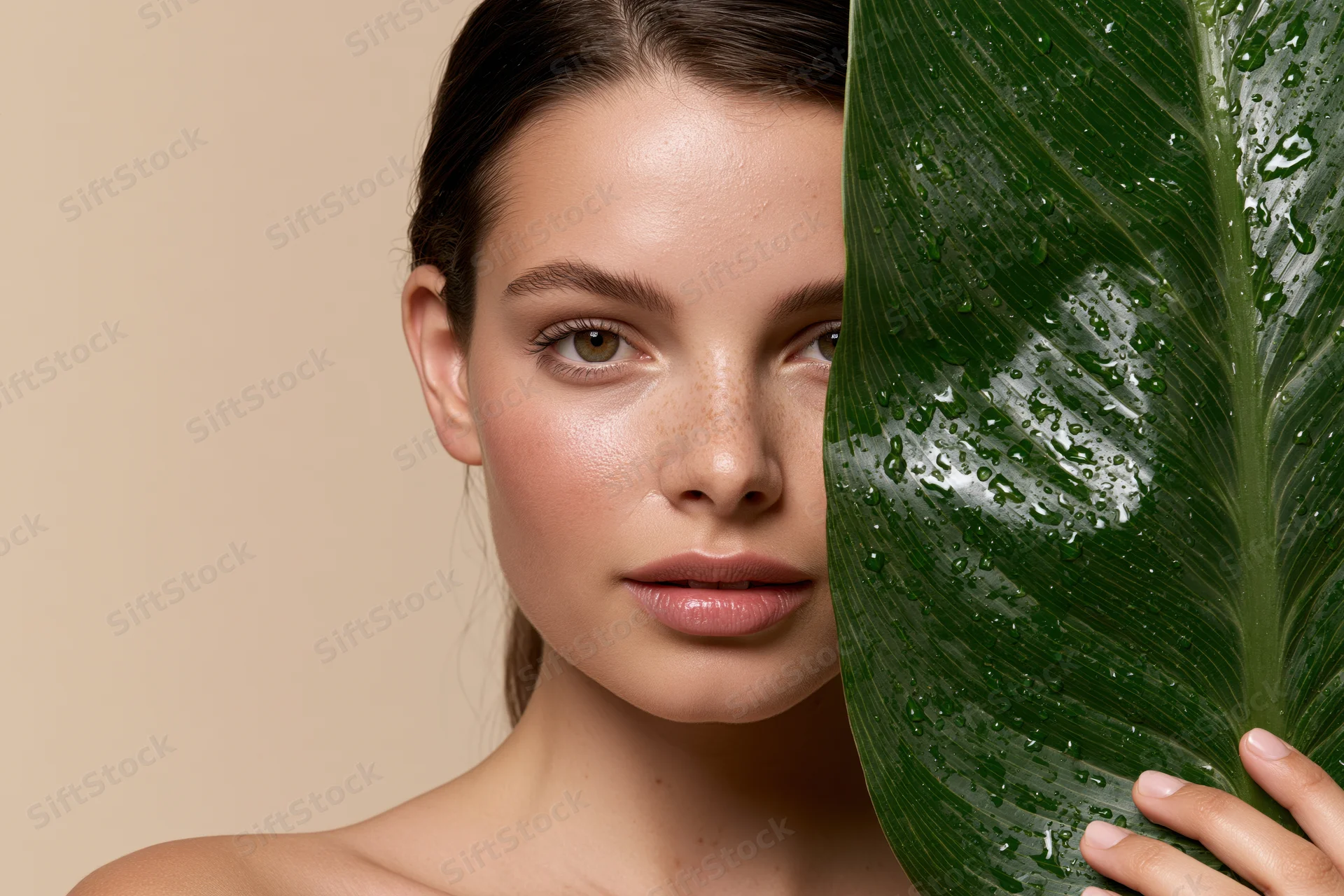 Woman holding large green leaf near her face, close-up portrait with bare shoulders