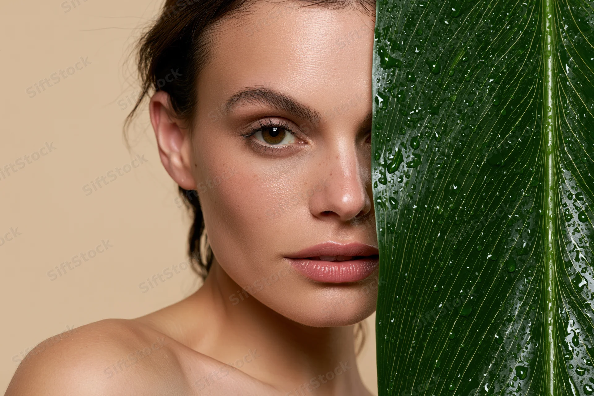 Woman with smooth bare shoulders holding a large green leaf close to her face, half her face visible, natural beauty theme
