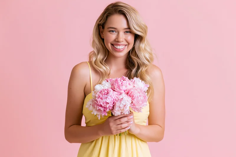 Young woman smiling while holding a bouquet of pink and white peonies in a yellow dress against a pink background