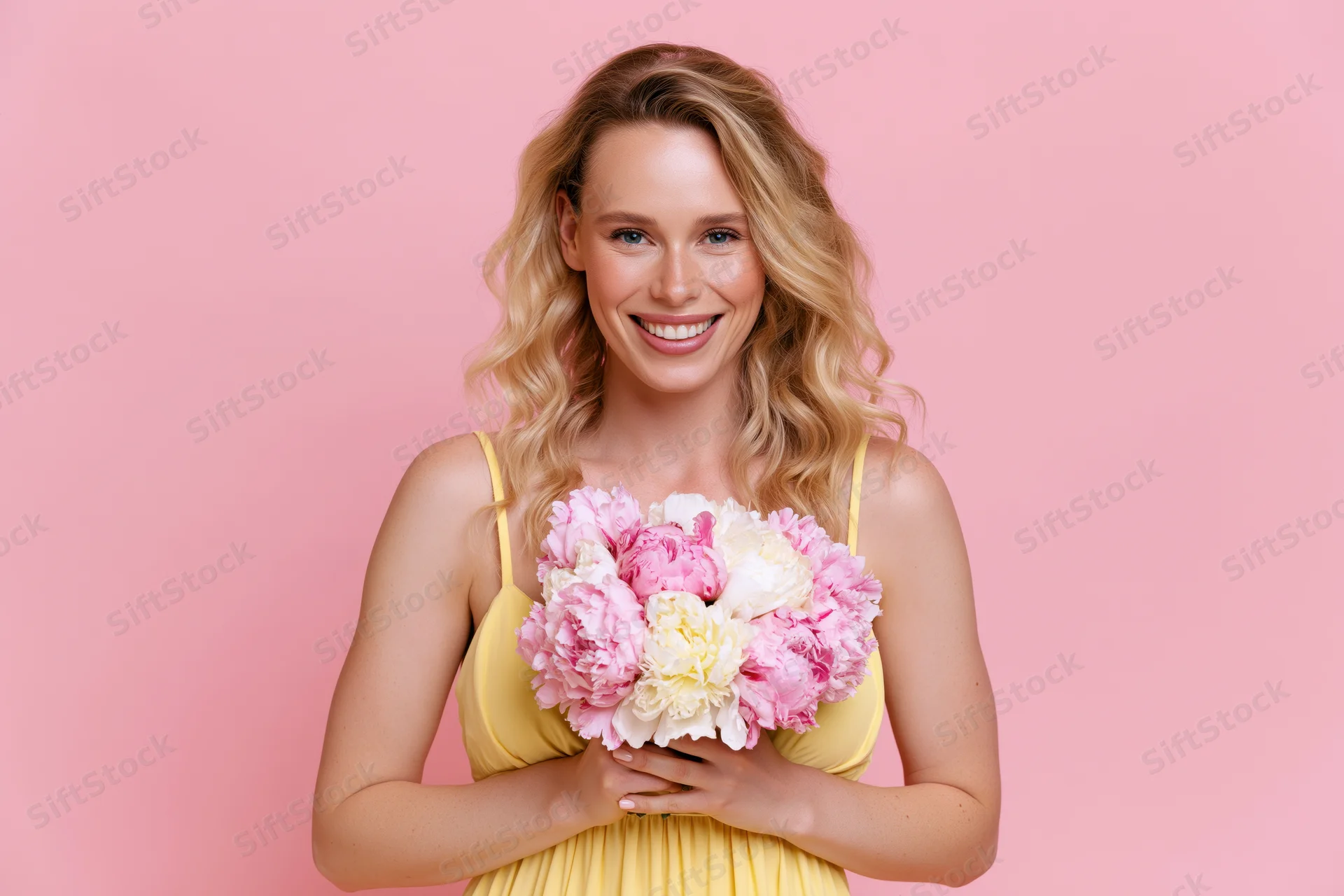 Smiling woman holding a bouquet of pink and white peonies in a yellow dress against a pink background