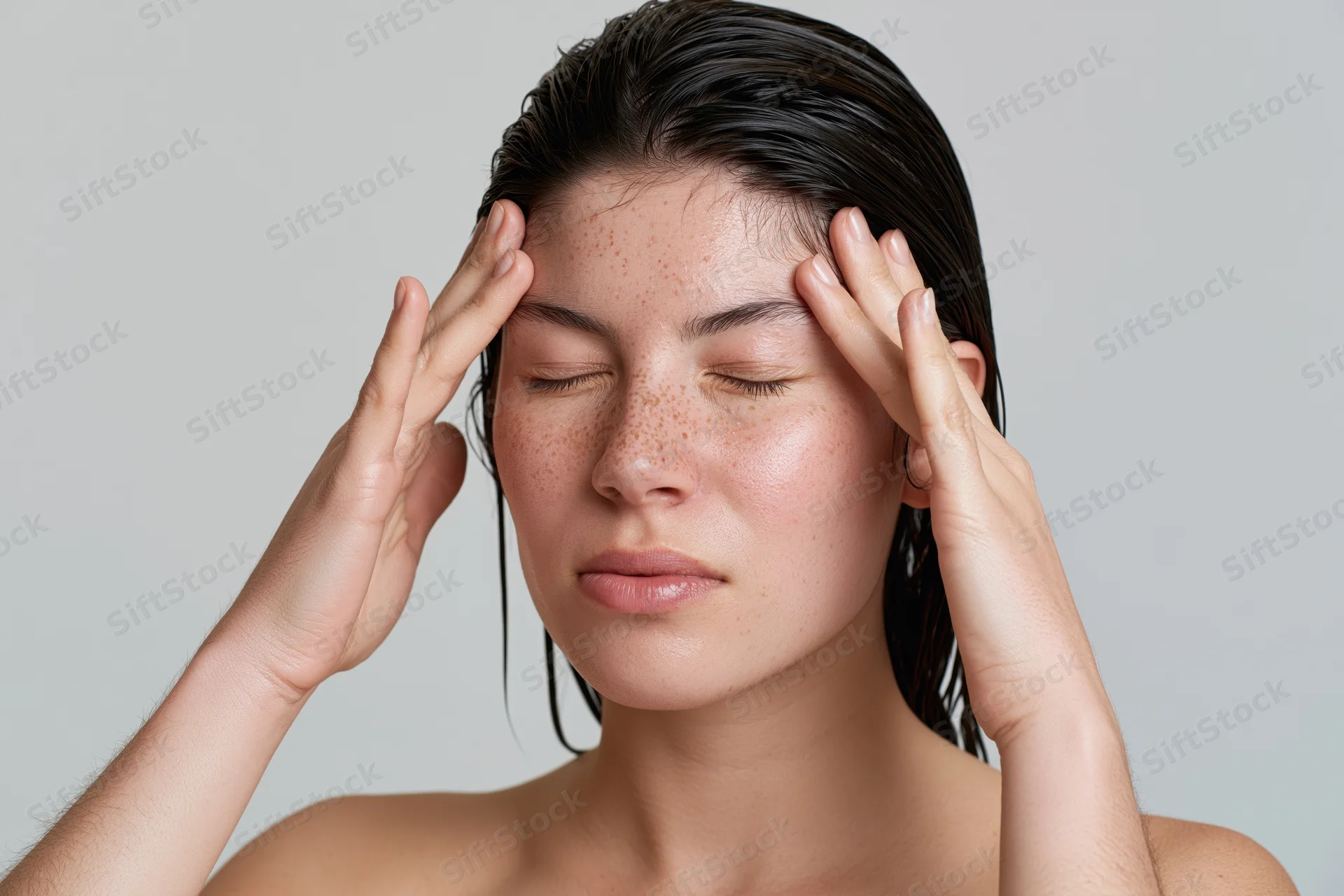 Woman with wet dark hair touching her temples with closed eyes in studio setting