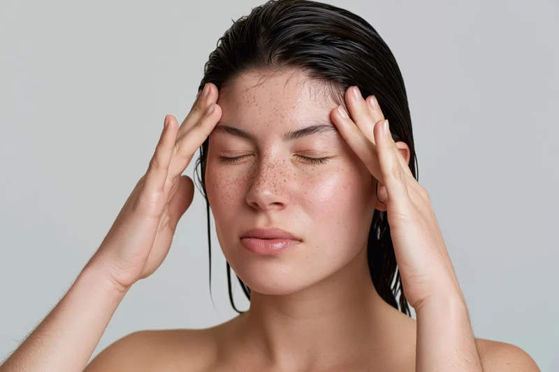 Woman with wet dark hair touching her temples with closed eyes in studio setting
