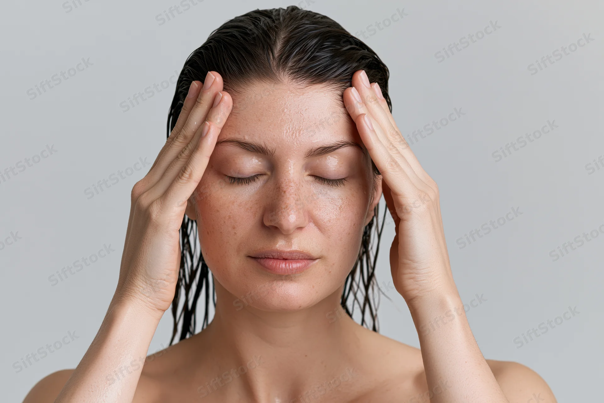 Woman with wet dark hair touching temples with hands, eyes closed, in studio setting