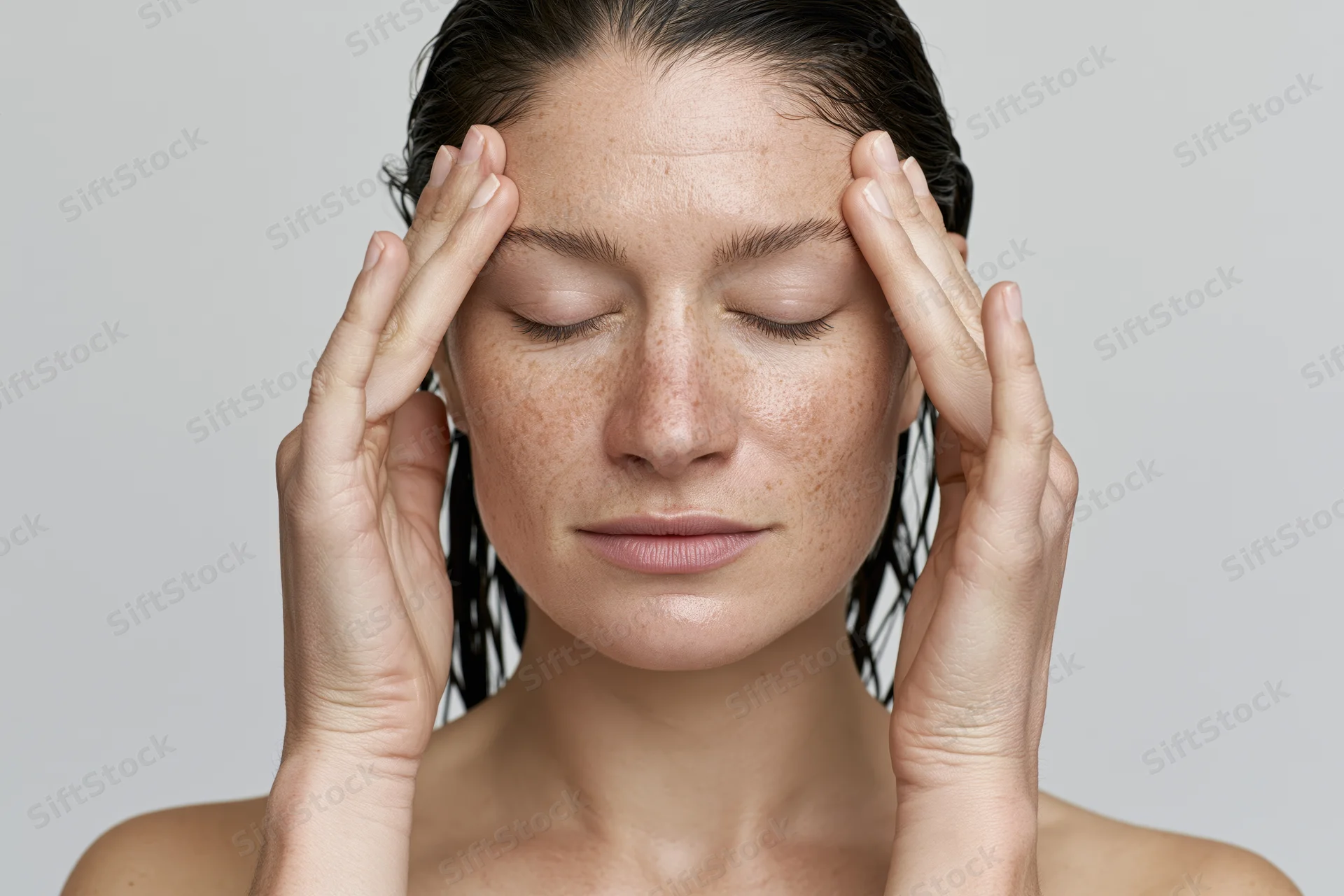 Woman touching her temples with closed eyes, wet dark hair, bare shoulders, neutral background
