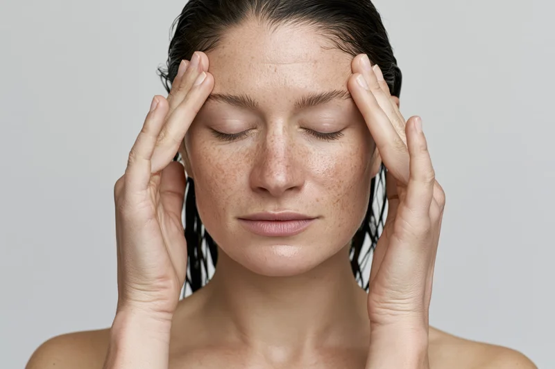 Woman touching her temples with closed eyes, wet dark hair, bare shoulders, neutral background