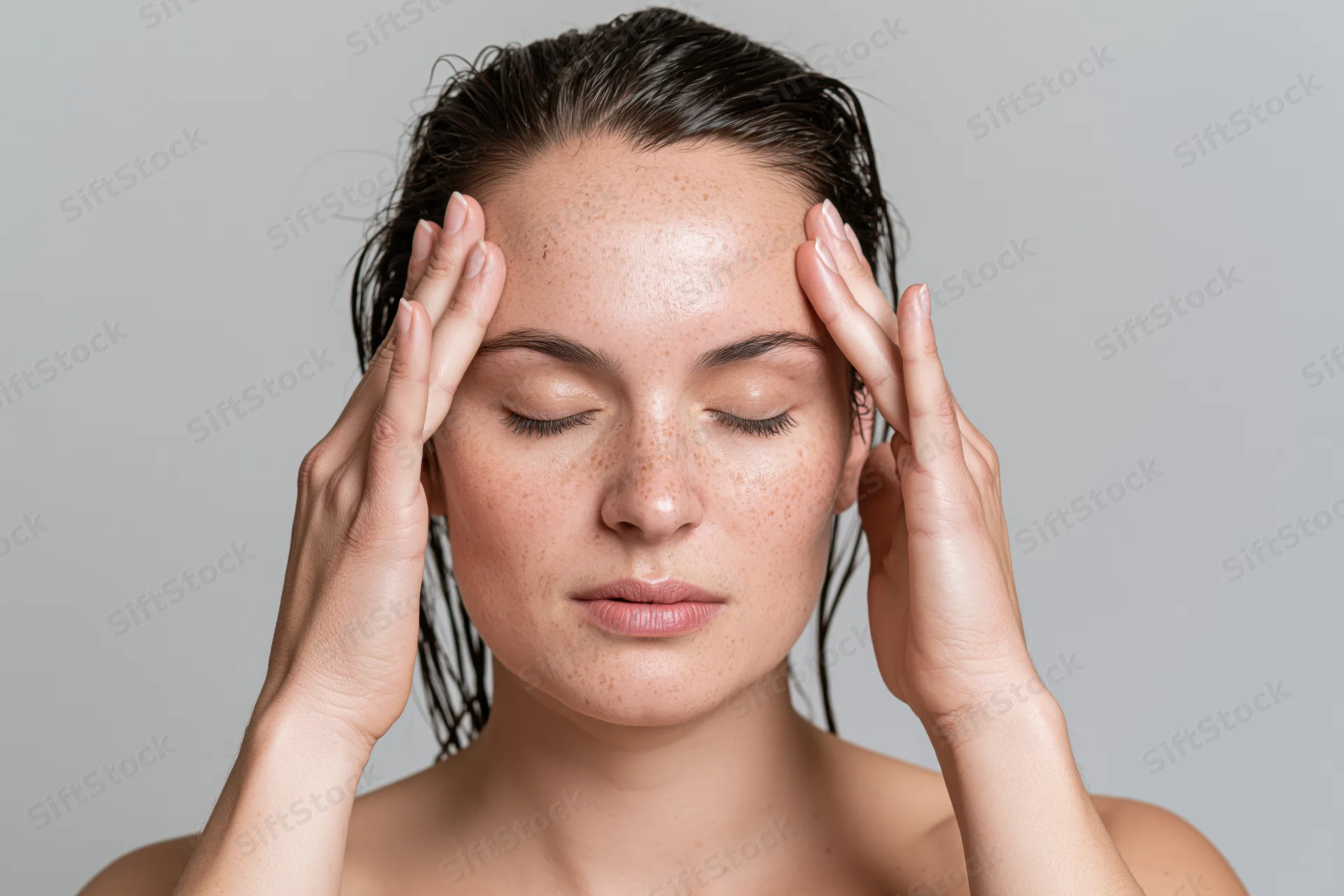 Woman with wet dark hair touching her temples with fingers, eyes closed, close-up portrait