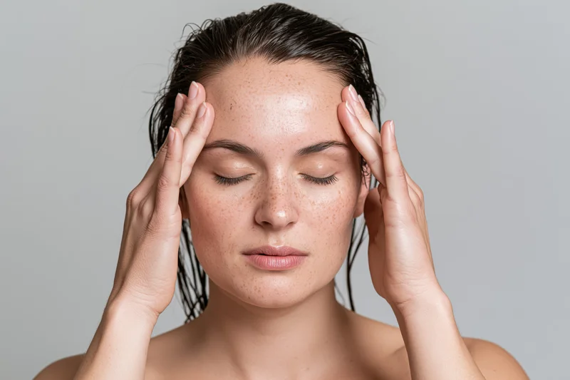 Woman with wet dark hair touching her temples with fingers, eyes closed, close-up portrait