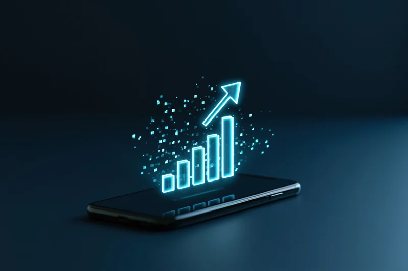 Smartphone displaying a glowing holographic bar chart with upward arrow on dark surface