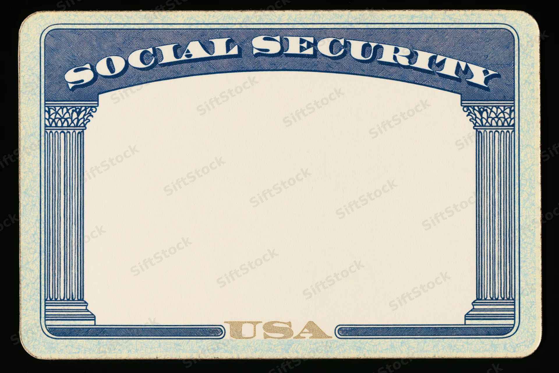Blank united states social security card lying flat with blue border and columns, no personal information visible