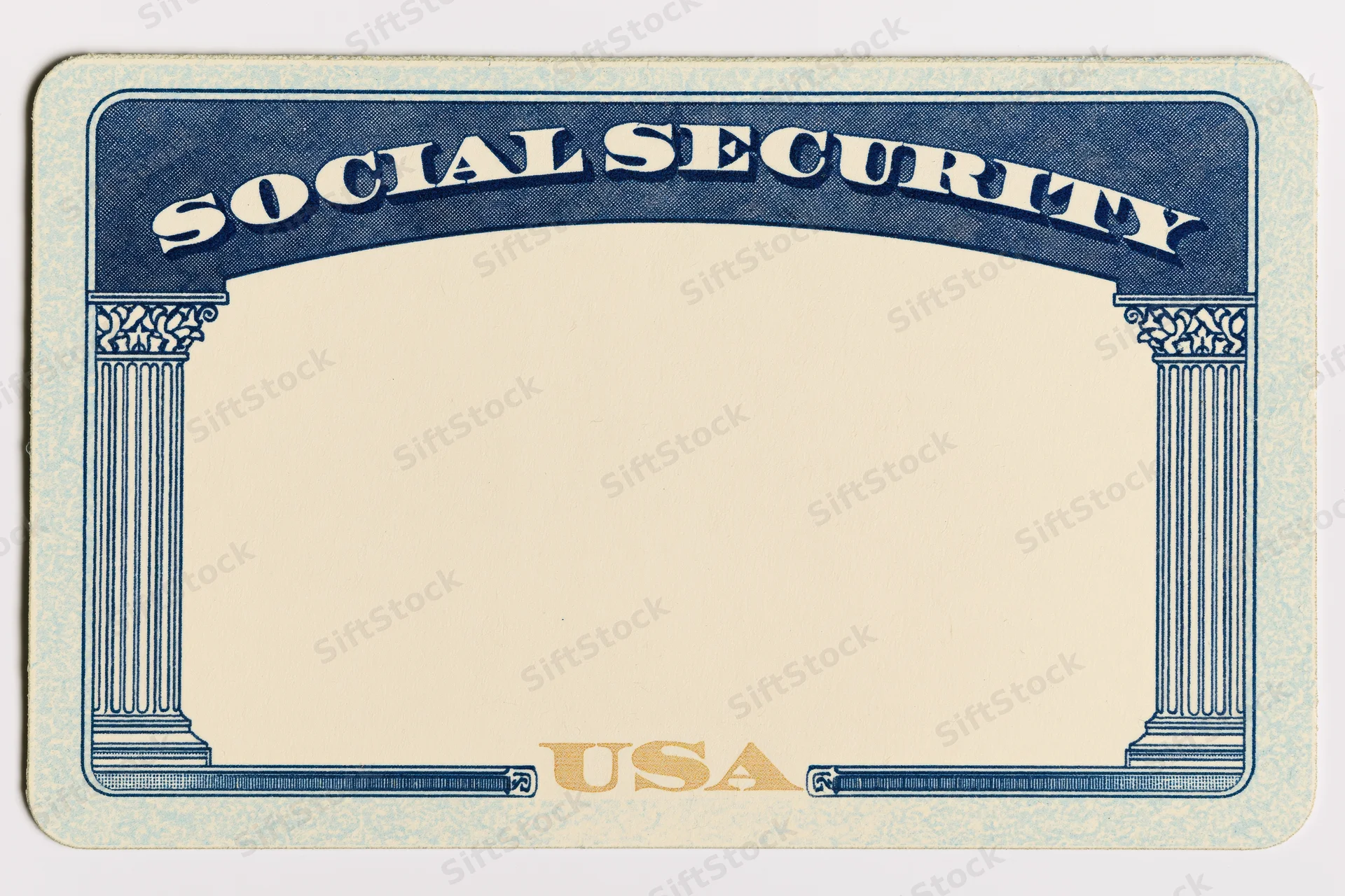 Blank united states social security card lying flat with blue border and columns