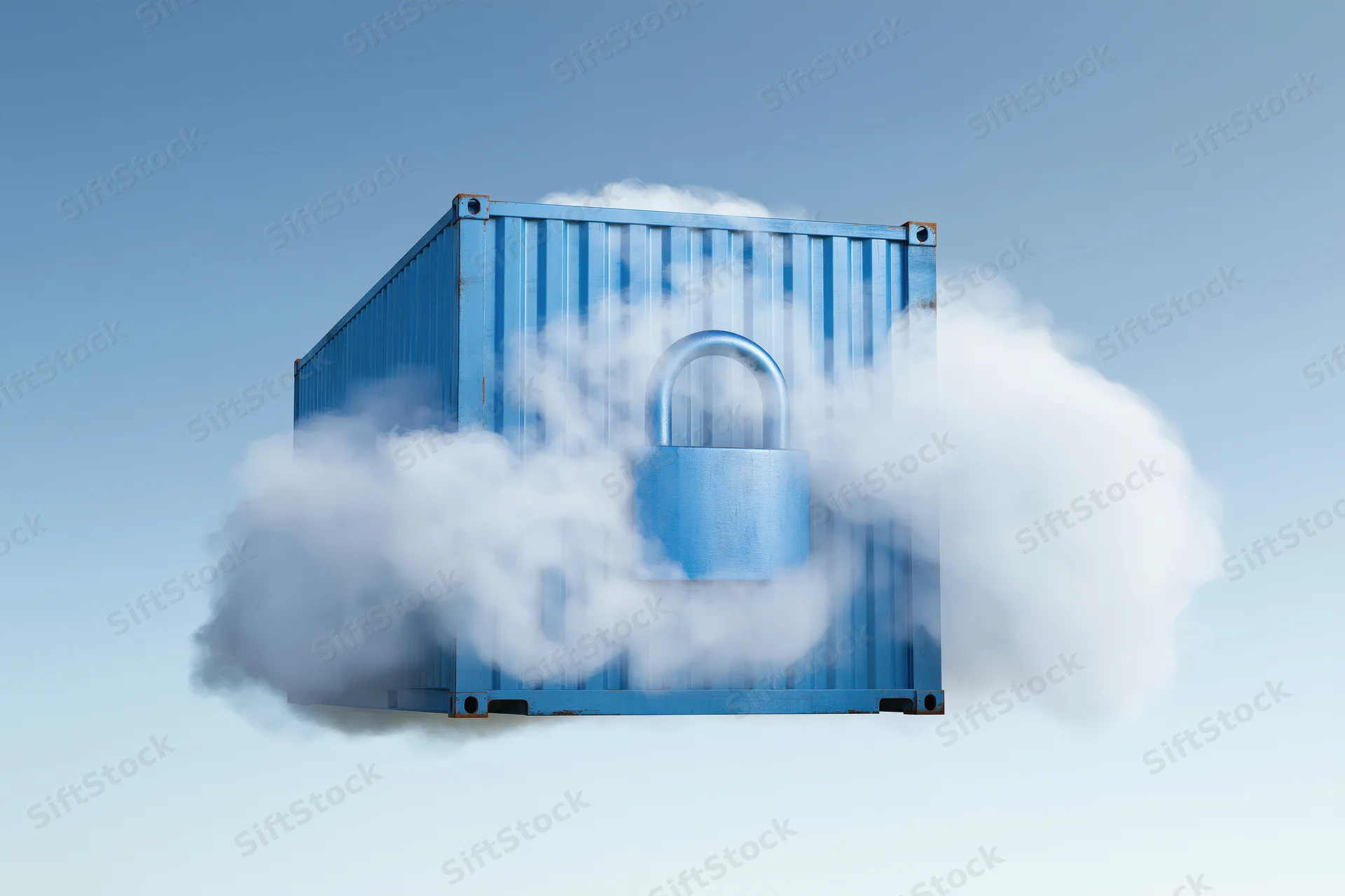 Blue shipping container floating in sky with cloud and padlock symbolizing secure data storage