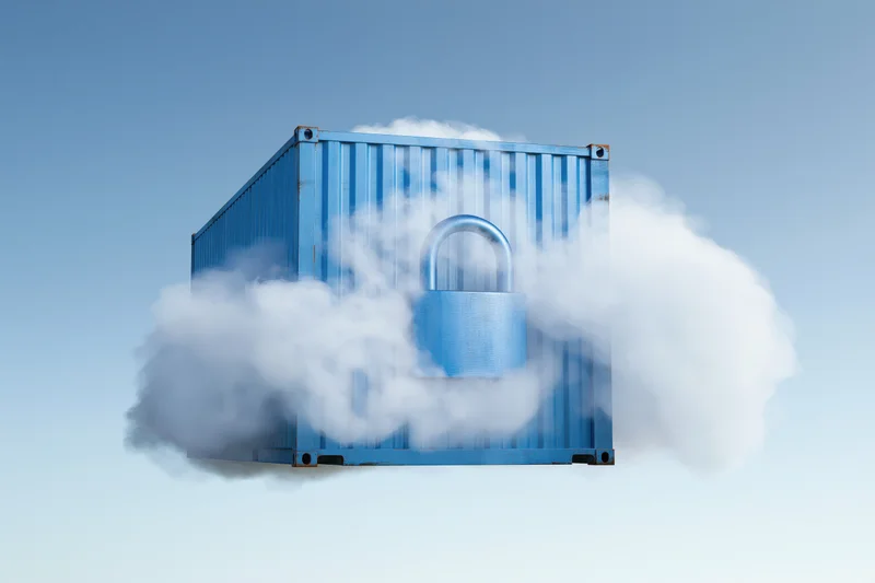 Blue shipping container floating in sky with cloud and padlock symbolizing secure data storage