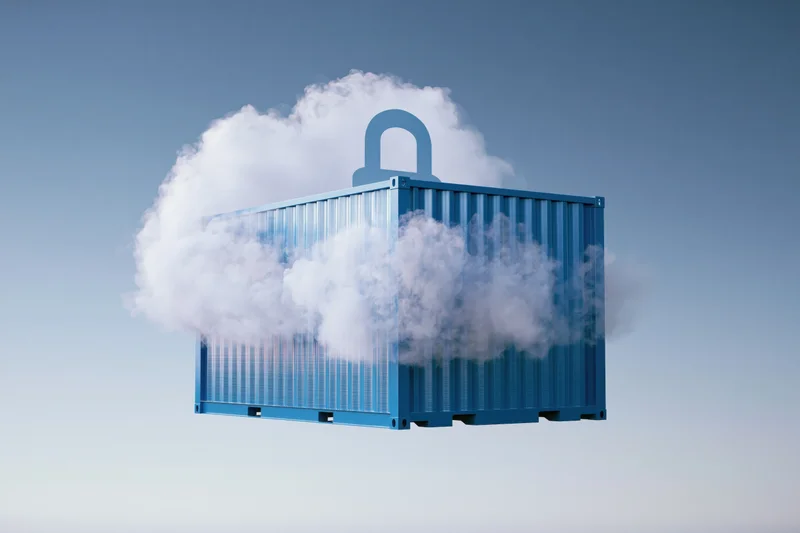 Blue shipping container floating in sky with cloud and lock symbol