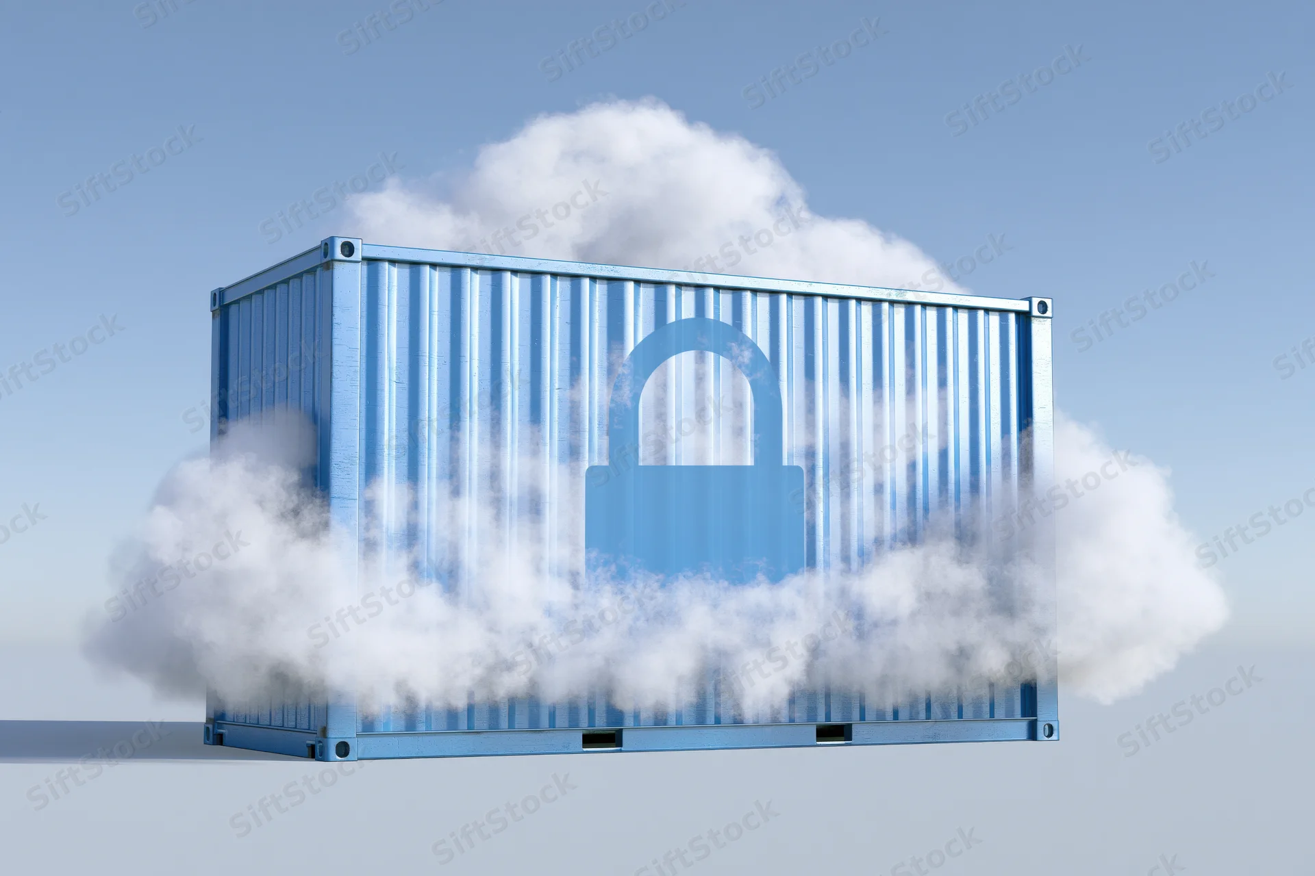 Blue shipping container with lock symbol surrounded by clouds in open sky