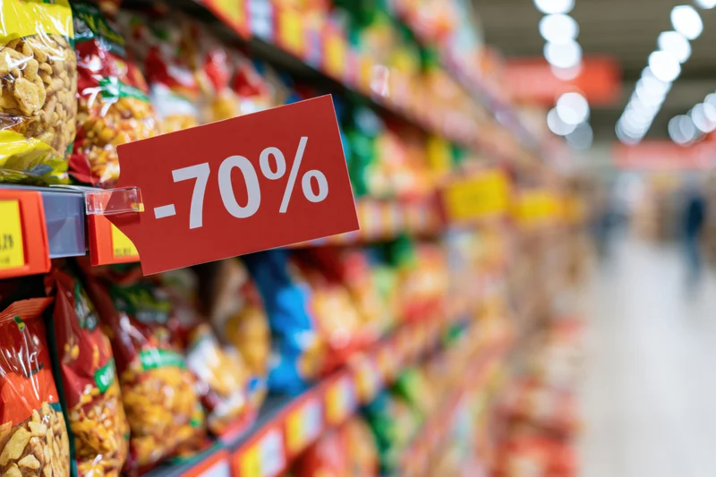 Red sale tag showing -70 percent discount clipped to a supermarket shelf among snack products