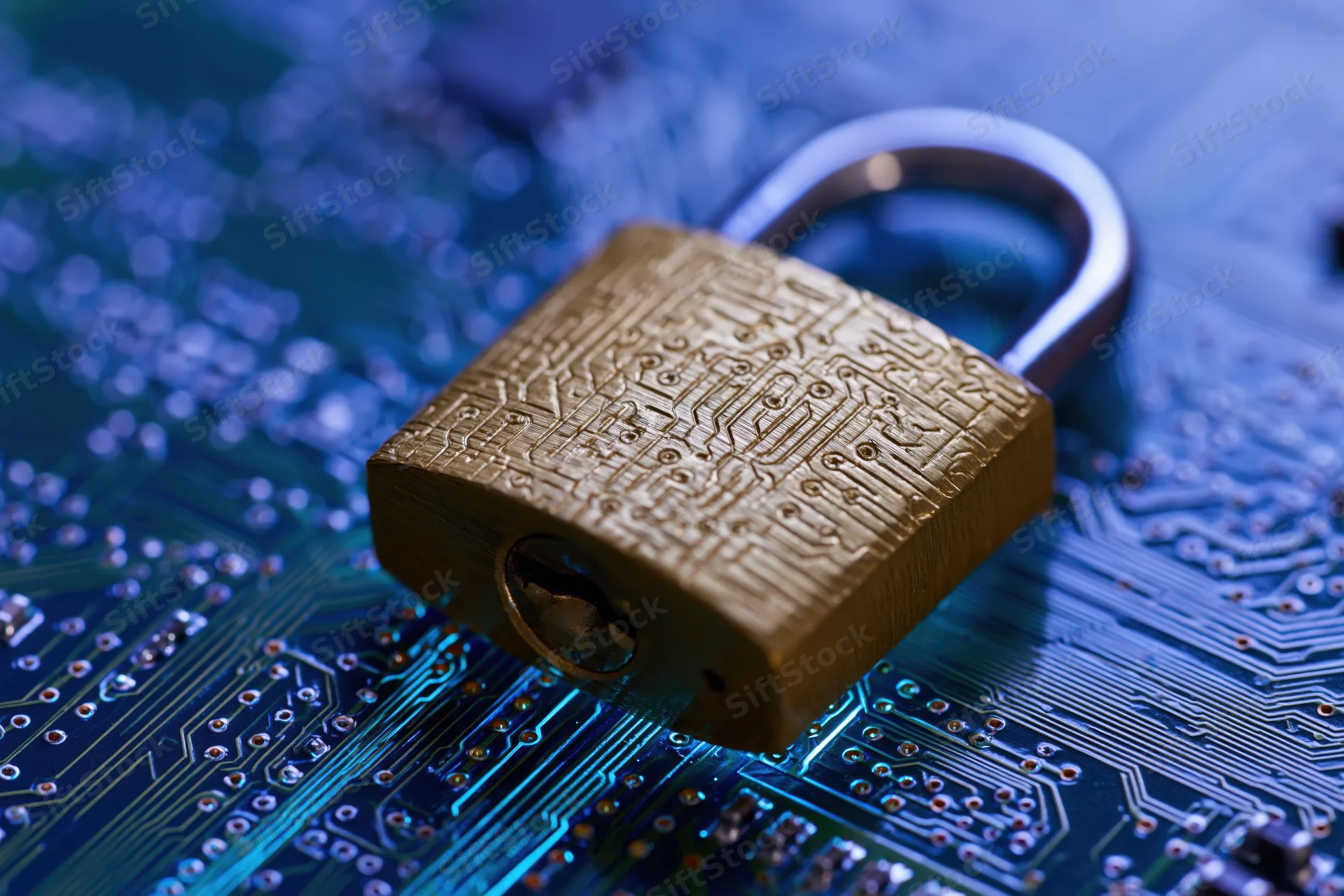 Brass padlock engraved with circuit board traces resting on a blue printed circuit board