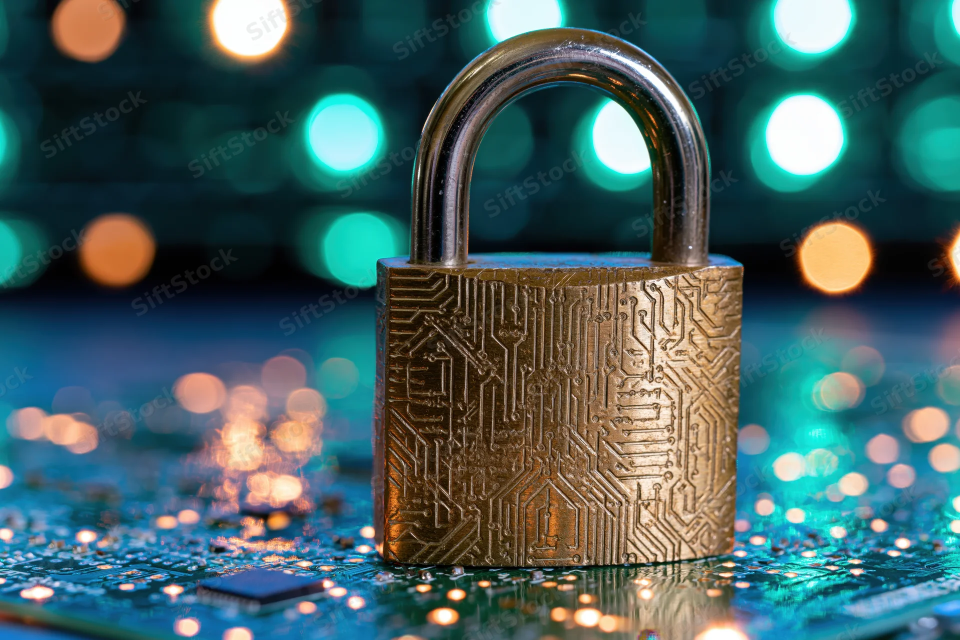 Brass padlock with circuit engraving resting on a glowing circuit board