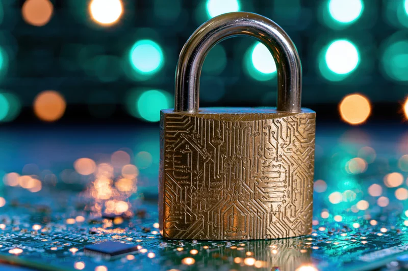 Brass padlock with circuit engraving resting on a glowing circuit board
