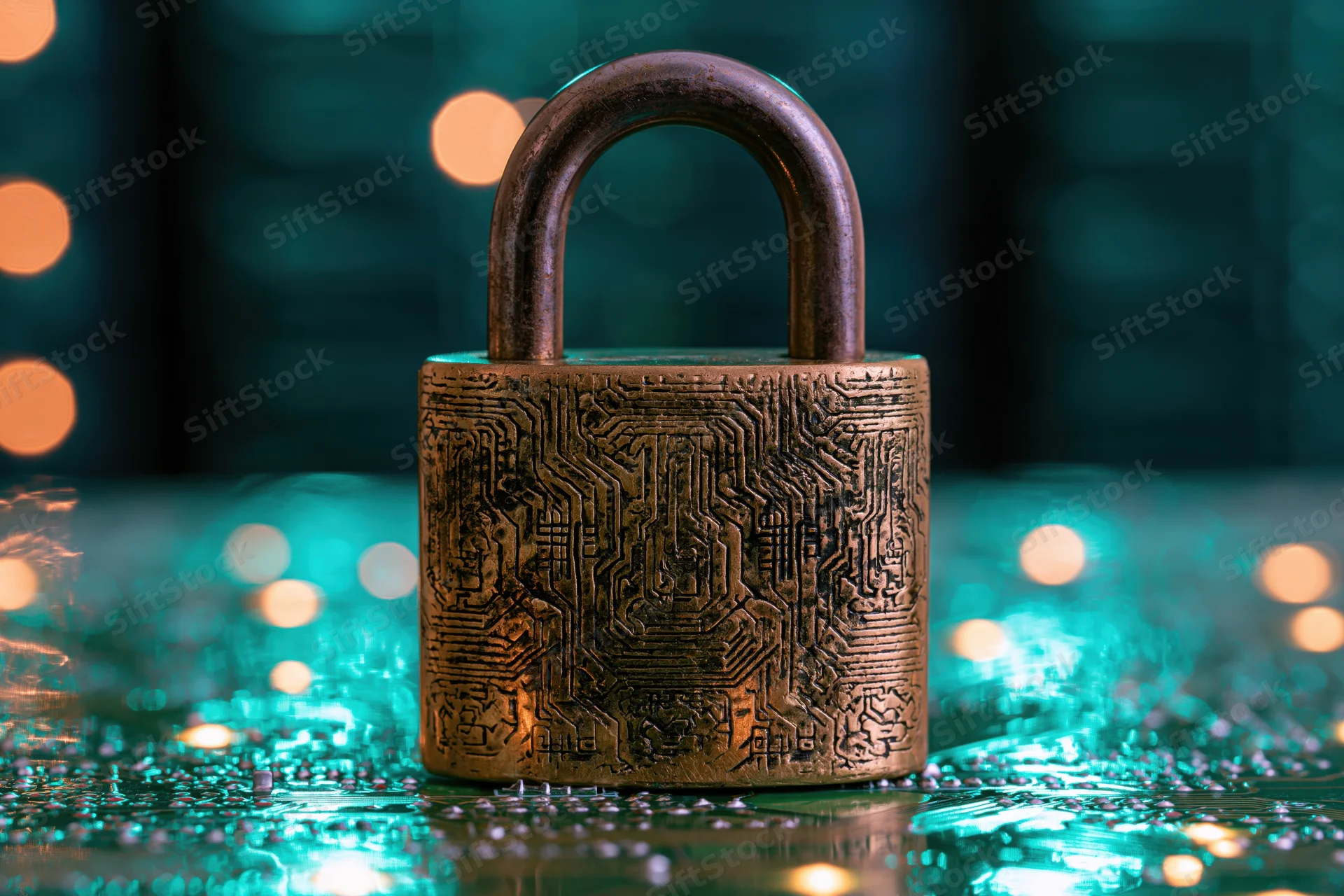 Brass padlock with circuit engraving on a glowing teal surface with bokeh lights