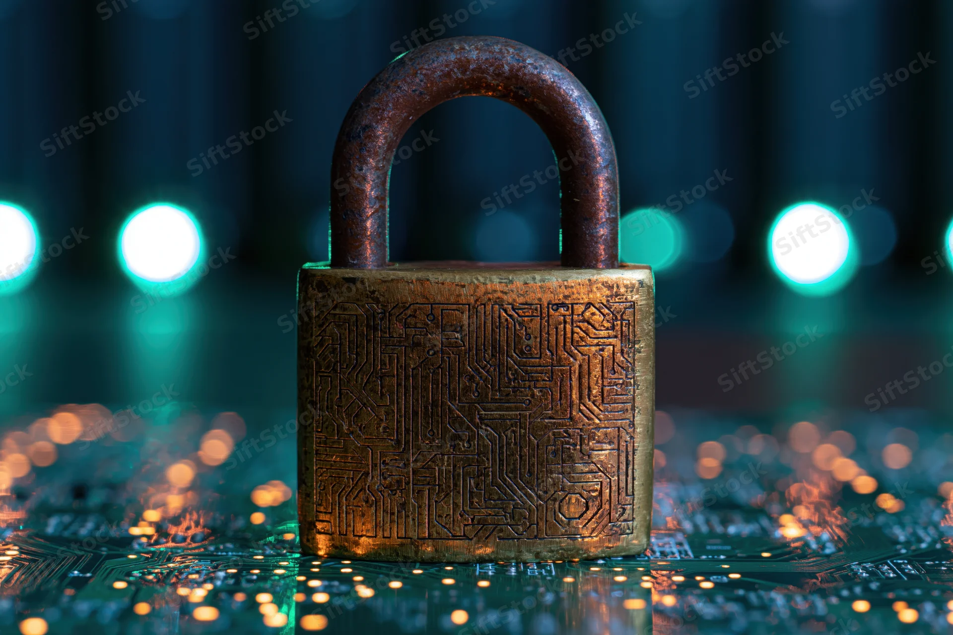 Brass padlock with engraved circuit patterns resting on a glowing circuit board surface