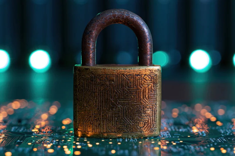 Brass padlock with engraved circuit patterns resting on a glowing circuit board surface