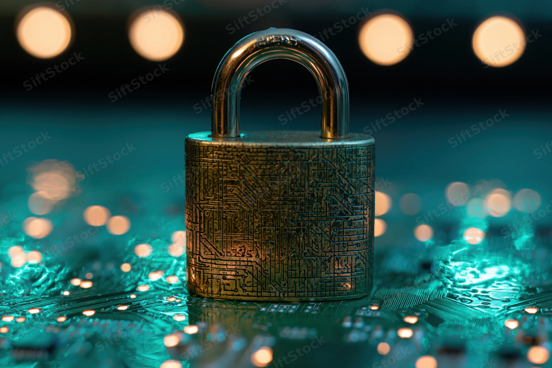 Brass padlock with circuit engraving on a glowing circuit board surface
